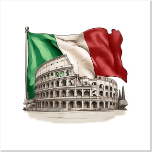 Roman colosseum with the flag of Italy. Posters and Art